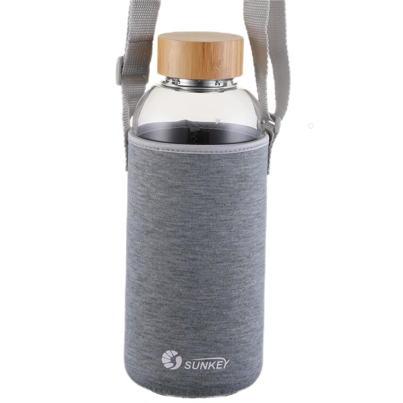 sunkey Sports Borosilicate Glass Water Bottle Wide Mouth 48 Oz Large Water Bottle with Bamboo Lid Neoprene Sleeve Bpa Free - Image 1